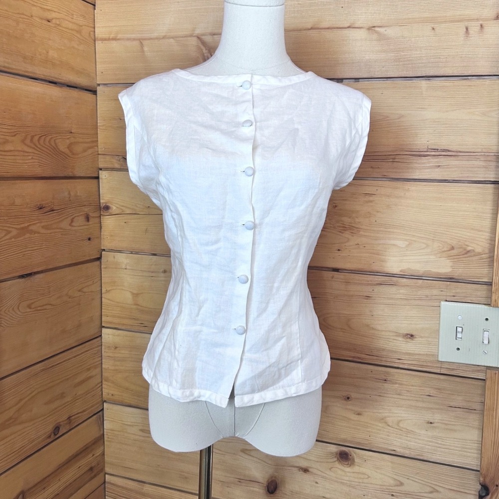Vintage Linen Embroidered Flower Vest Blouse Women Large White Handmade